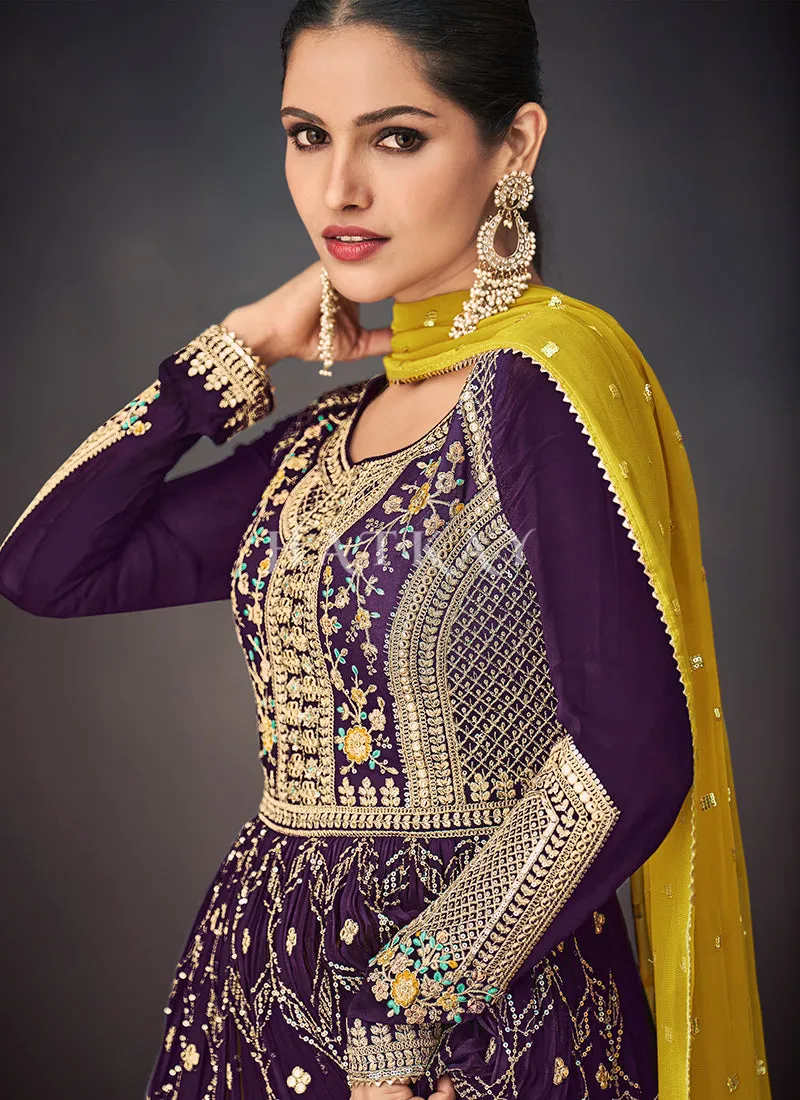 Purple And Yellow Peplum Style Anarkali Lehenga