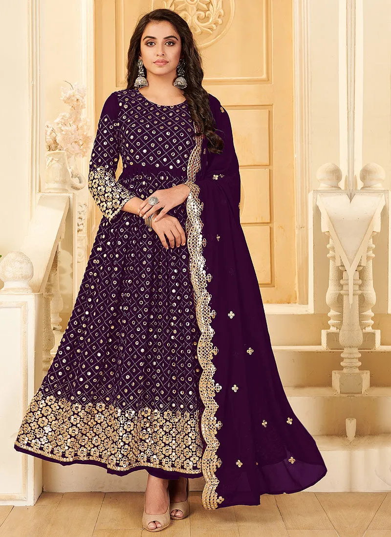 Purple Foil Mirror Embroidered Afghani Style Anarkali