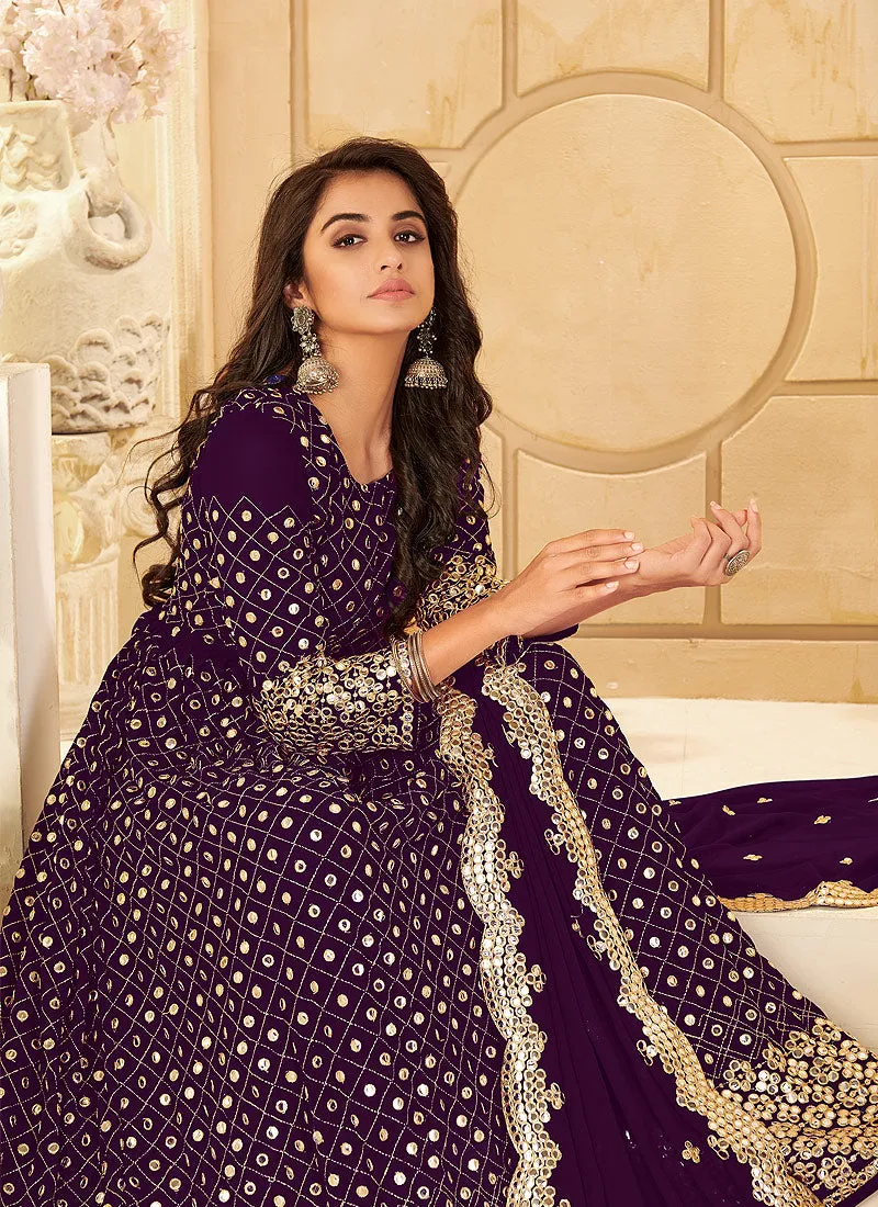 Purple Foil Mirror Embroidered Afghani Style Anarkali