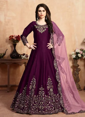 Purple Golden Embroidered Designer Silk Anarkali Suit