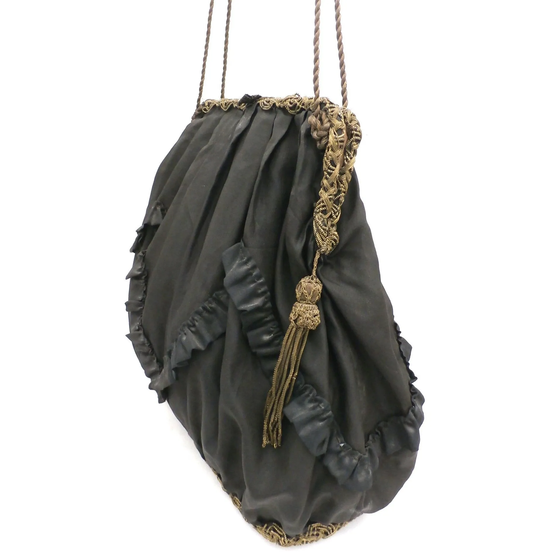 Rare Antique Victorian Handbag Purse Satchel Large Gold Bullion Trim Black Silk