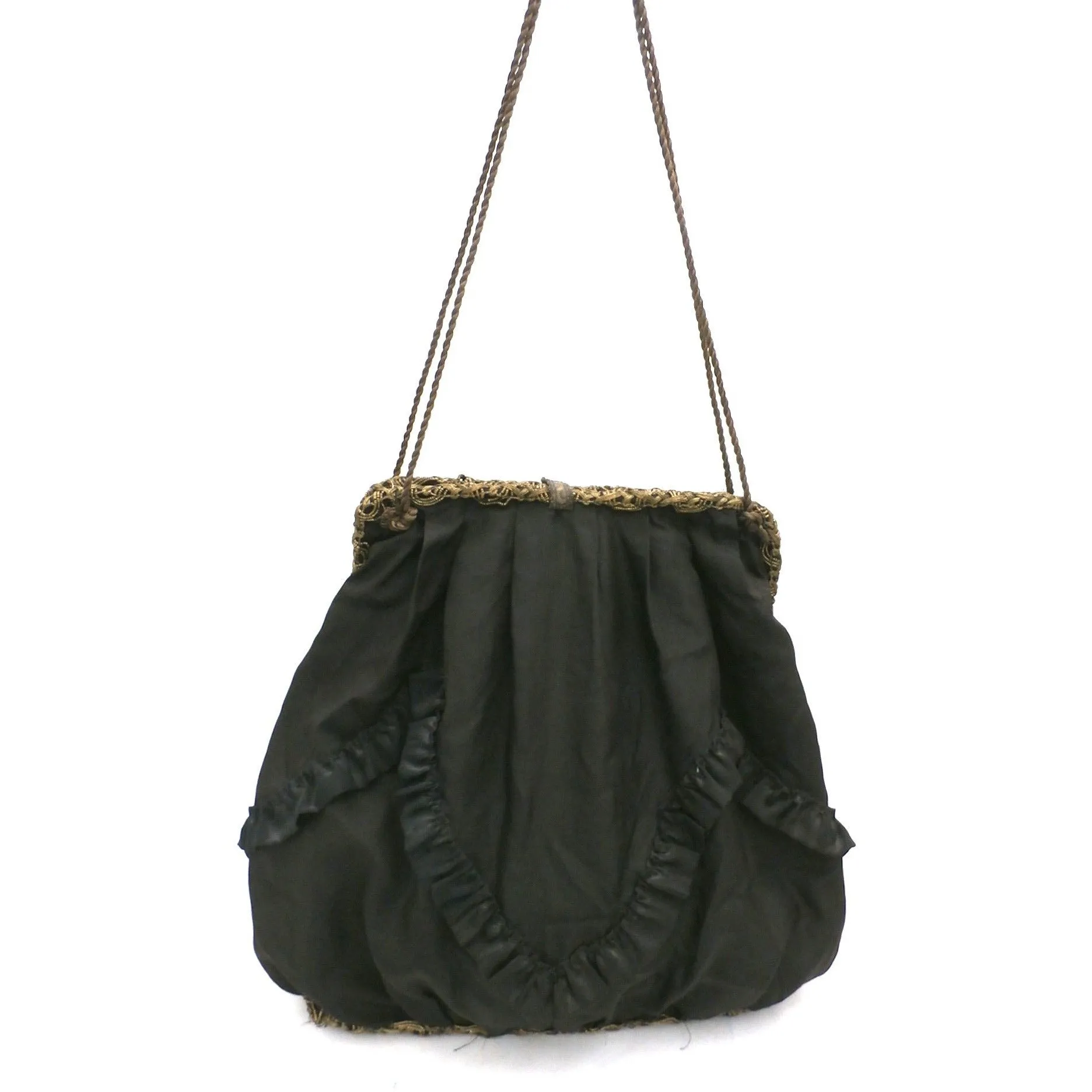 Rare Antique Victorian Handbag Purse Satchel Large Gold Bullion Trim Black Silk