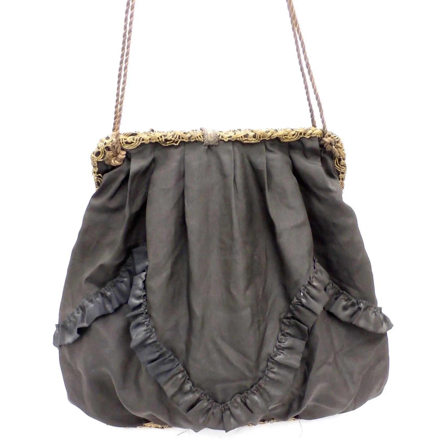 Rare Antique Victorian Handbag Purse Satchel Large Gold Bullion Trim Black Silk