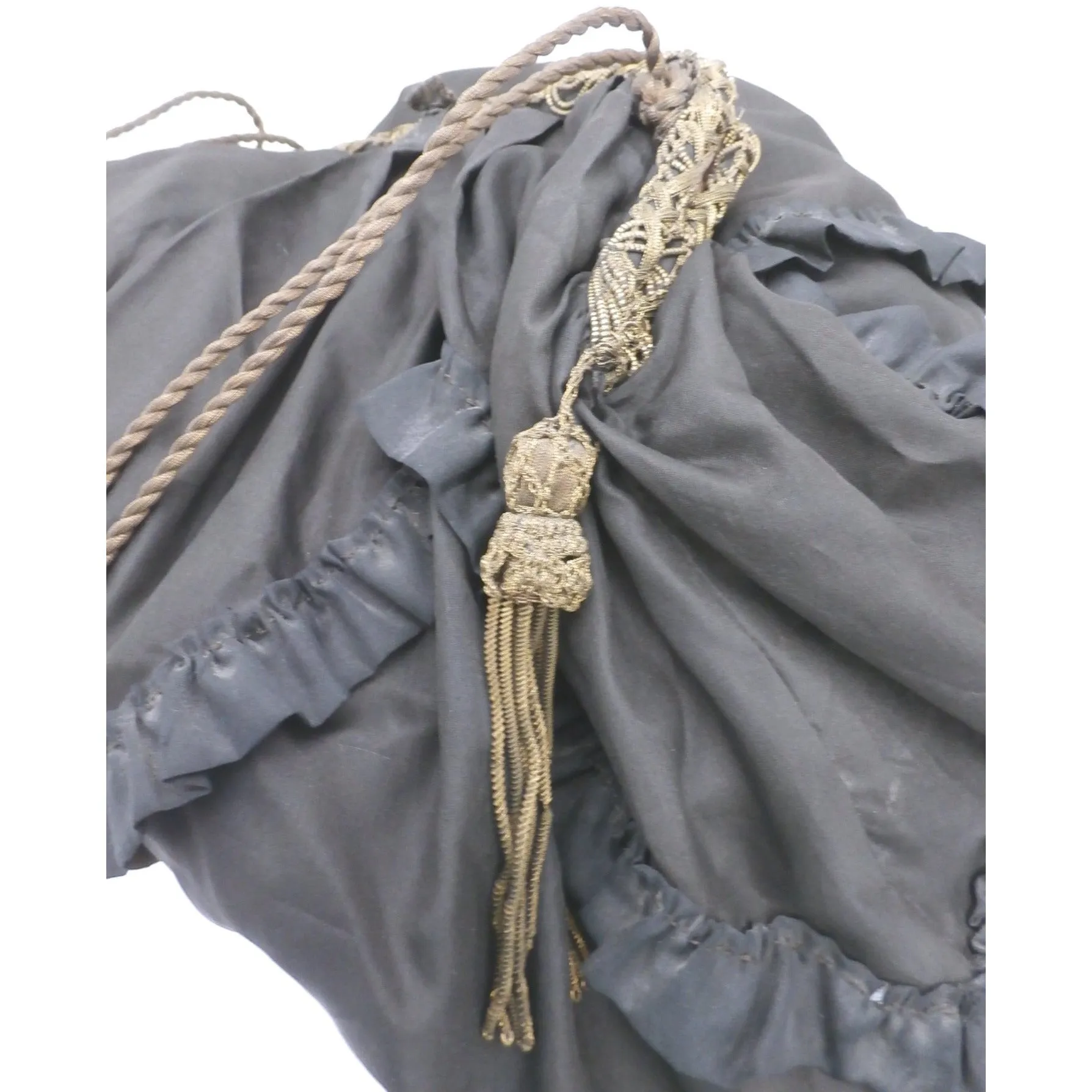 Rare Antique Victorian Handbag Purse Satchel Large Gold Bullion Trim Black Silk