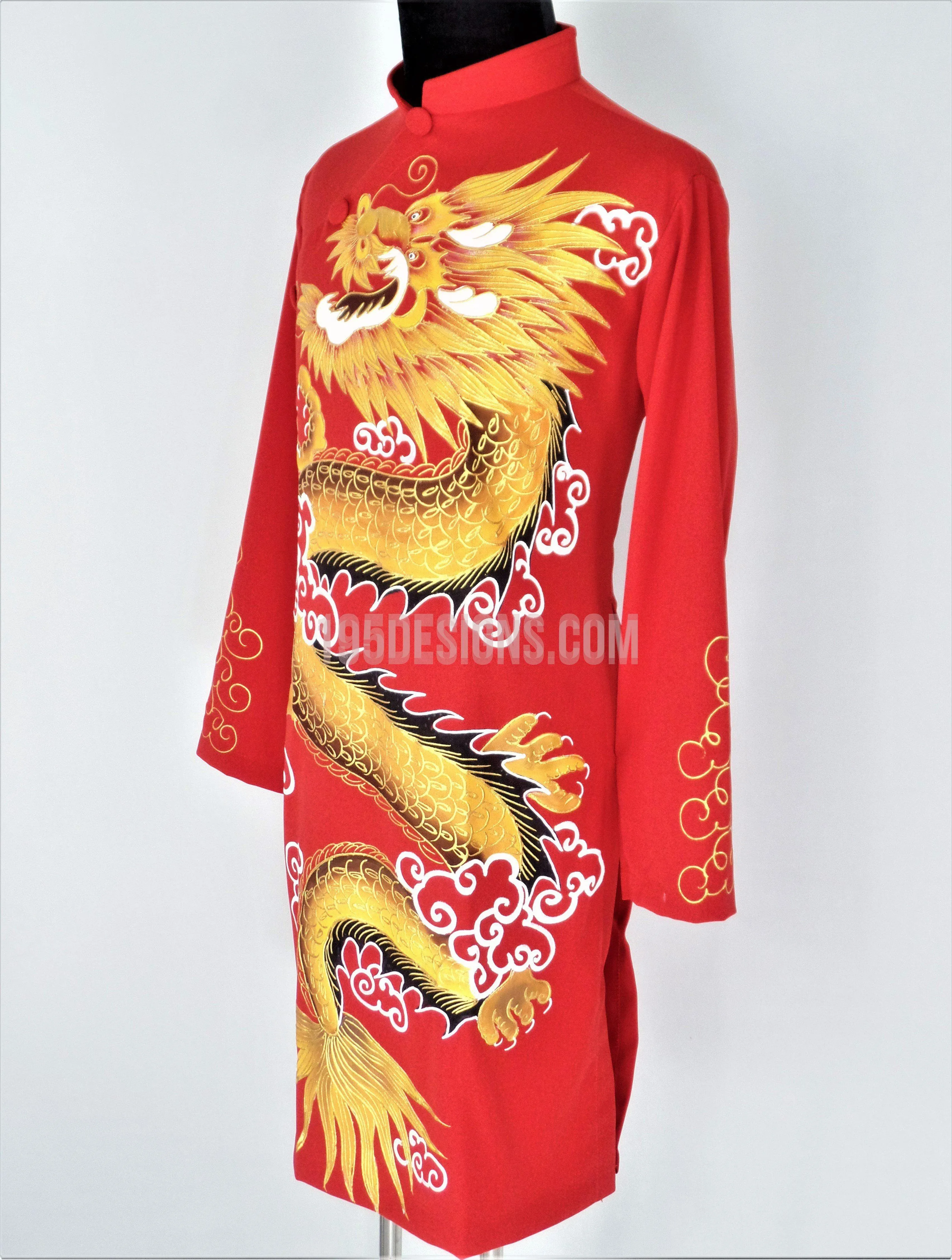 Red Ao Dai Men -  Áo Dài Đỏ Nam Vẽ Rồng Vải Co Giản Nhẹ
