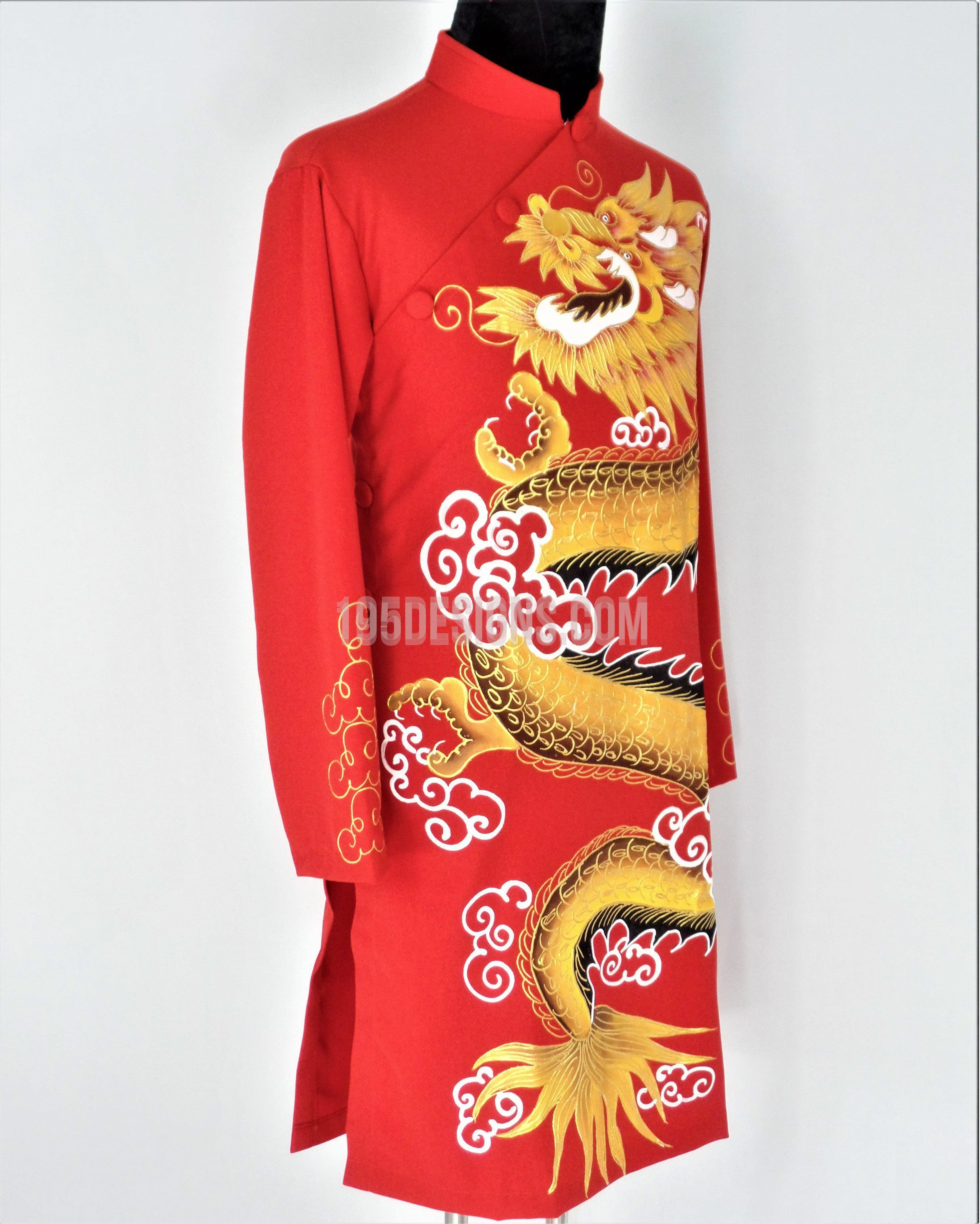 Red Ao Dai Men -  Áo Dài Đỏ Nam Vẽ Rồng Vải Co Giản Nhẹ