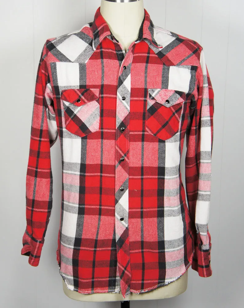 Red, Black & White Striped Flannel Western Pearl Snap Shirt - Size XL