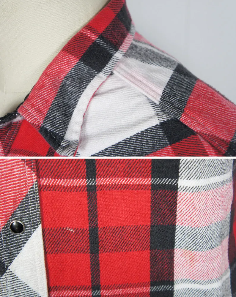 Red, Black & White Striped Flannel Western Pearl Snap Shirt - Size XL
