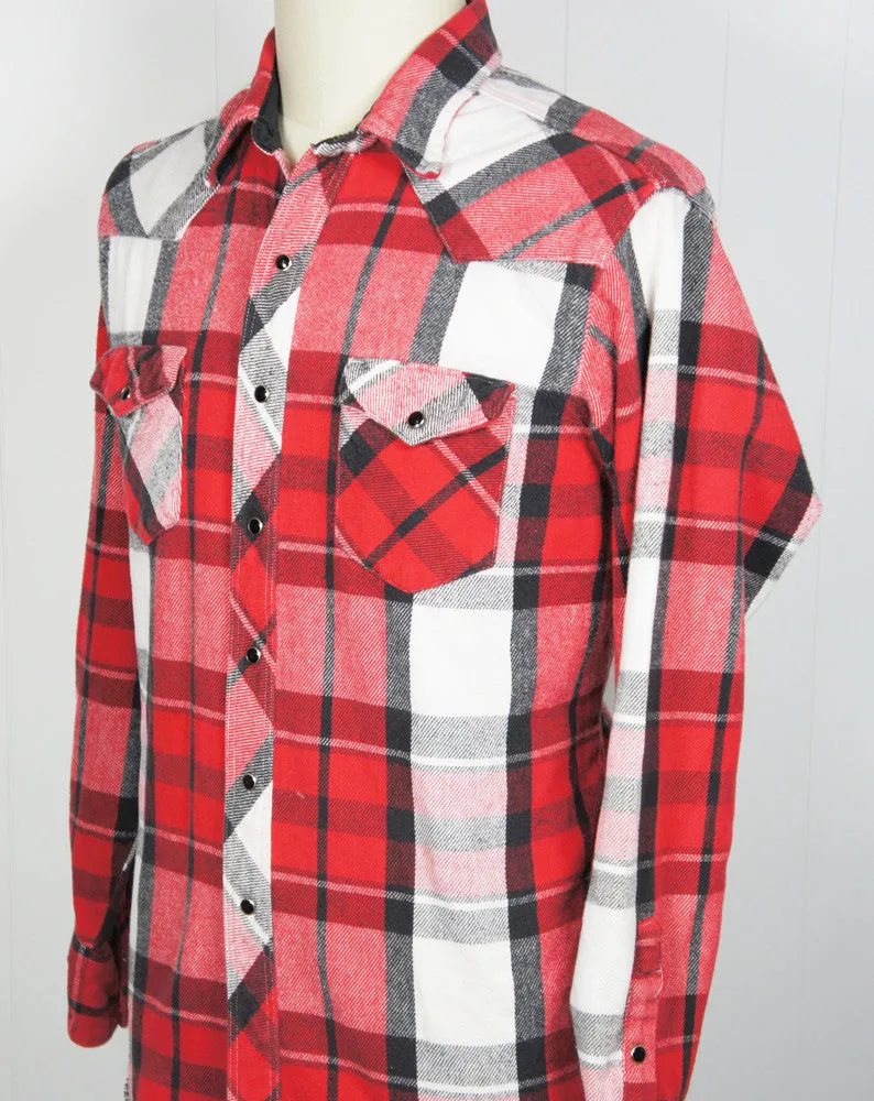 Red, Black & White Striped Flannel Western Pearl Snap Shirt - Size XL