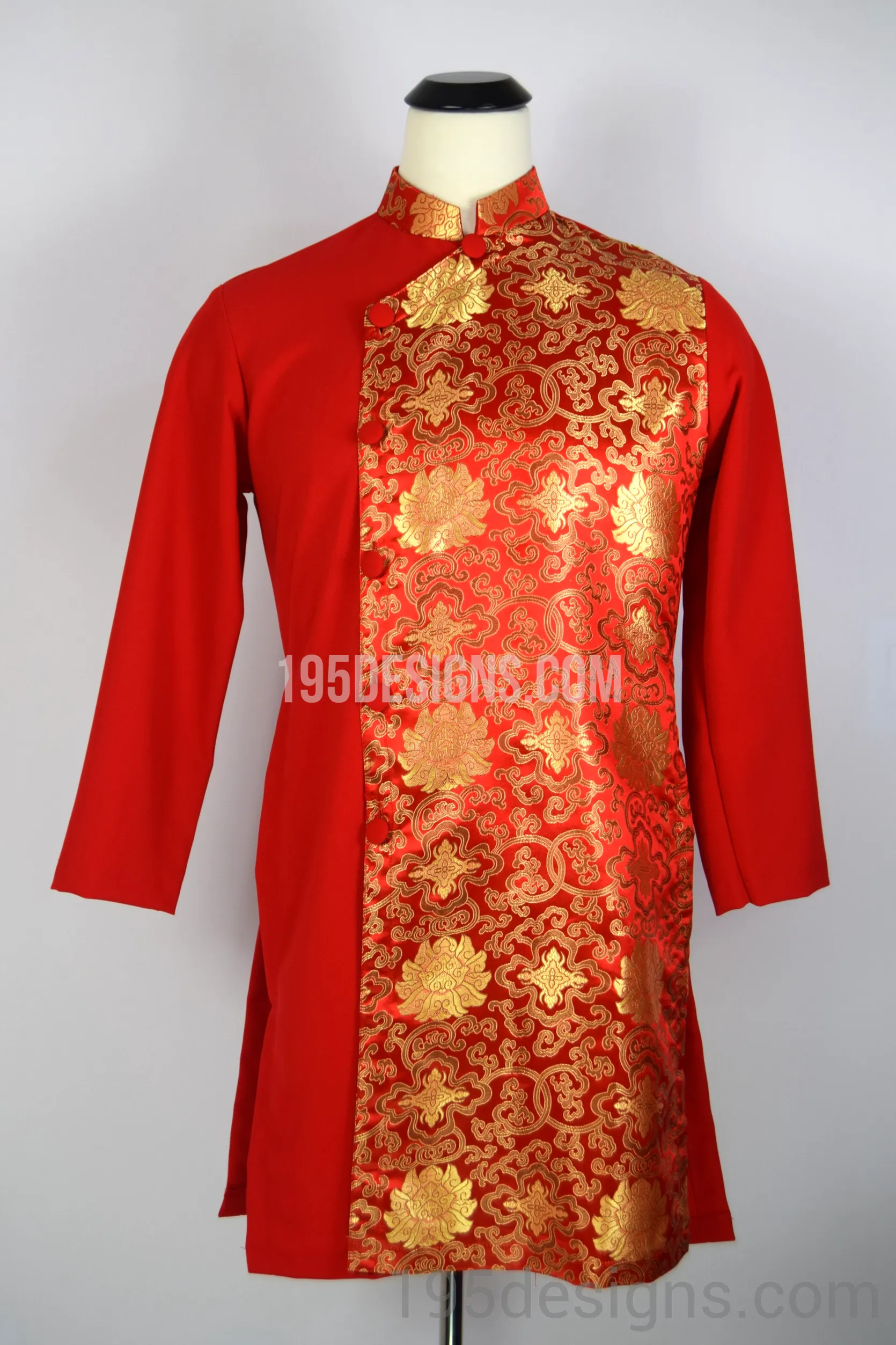 Red Brocade Ao Dai Men -  Áo Dài Gấm Nam Vải Co Giản