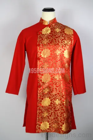 Red Brocade Ao Dai Men -  Áo Dài Gấm Nam Vải Co Giản