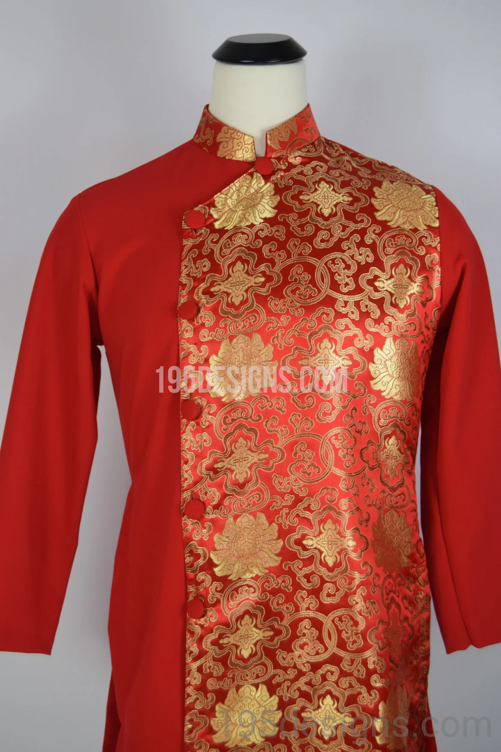 Red Brocade Ao Dai Men -  Áo Dài Gấm Nam Vải Co Giản