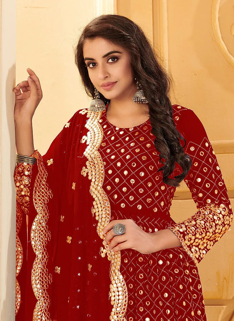 Red Foil Mirror Embroidered Afghani Style Anarkali
