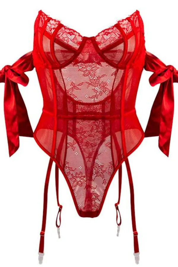 Red Off The Shoulder Lace and Sheer Teddy