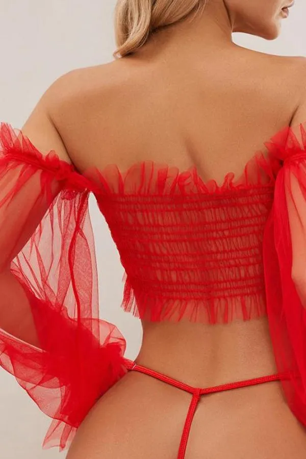 Red Sheer Ruched Top and G-String Set