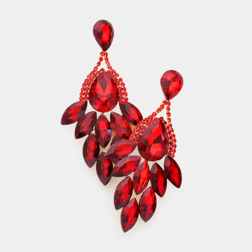 Red Teardrop Accented Marquise Cluster Stone Pageant Chandelier Earrings | Prom Earrings | 540228