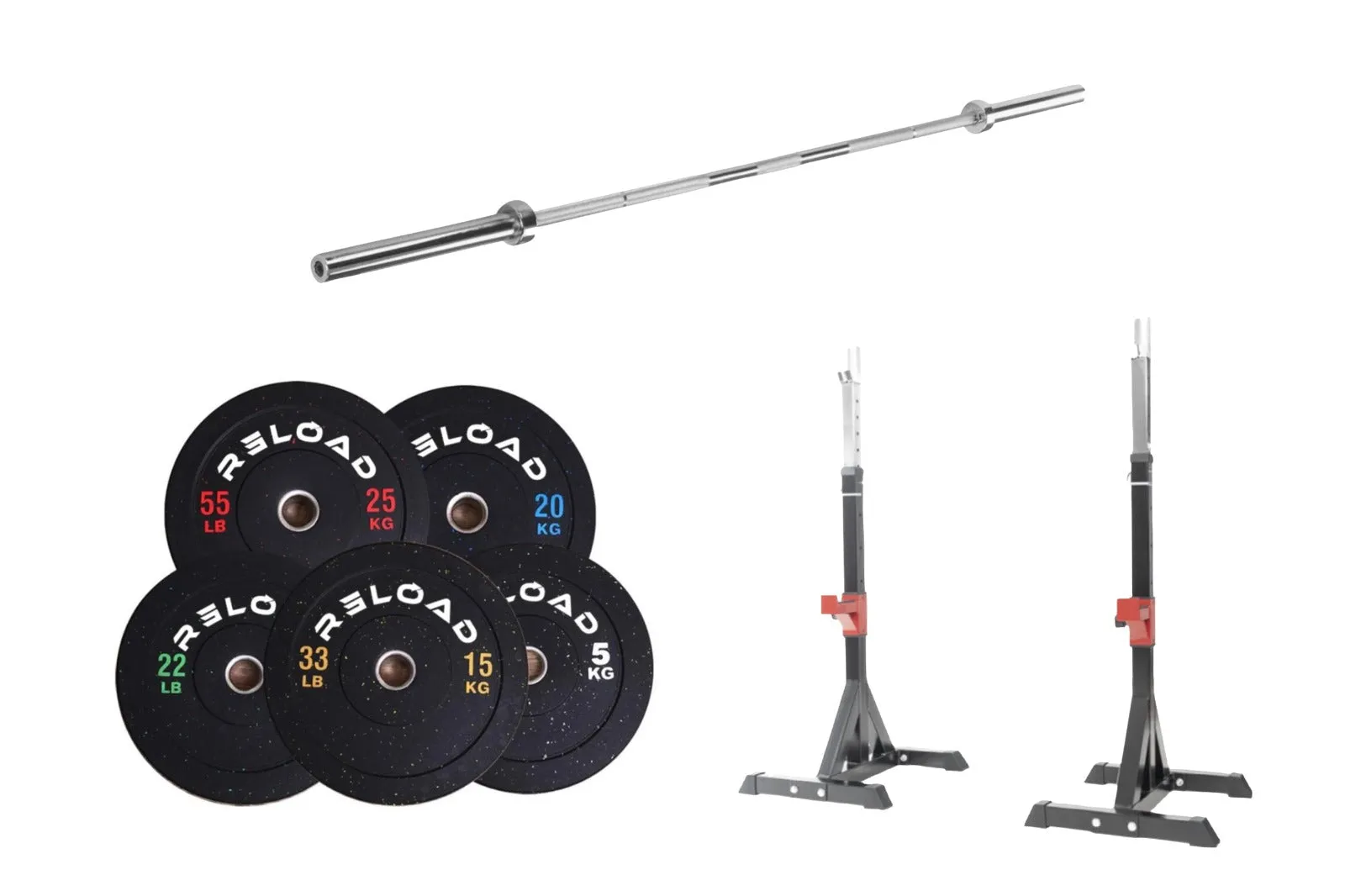 Reload Bumper Plate, Barbell & Squat Rack Package | 70kg