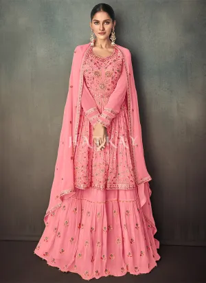 Rich Pink Peplum Style Anarkali Lehenga
