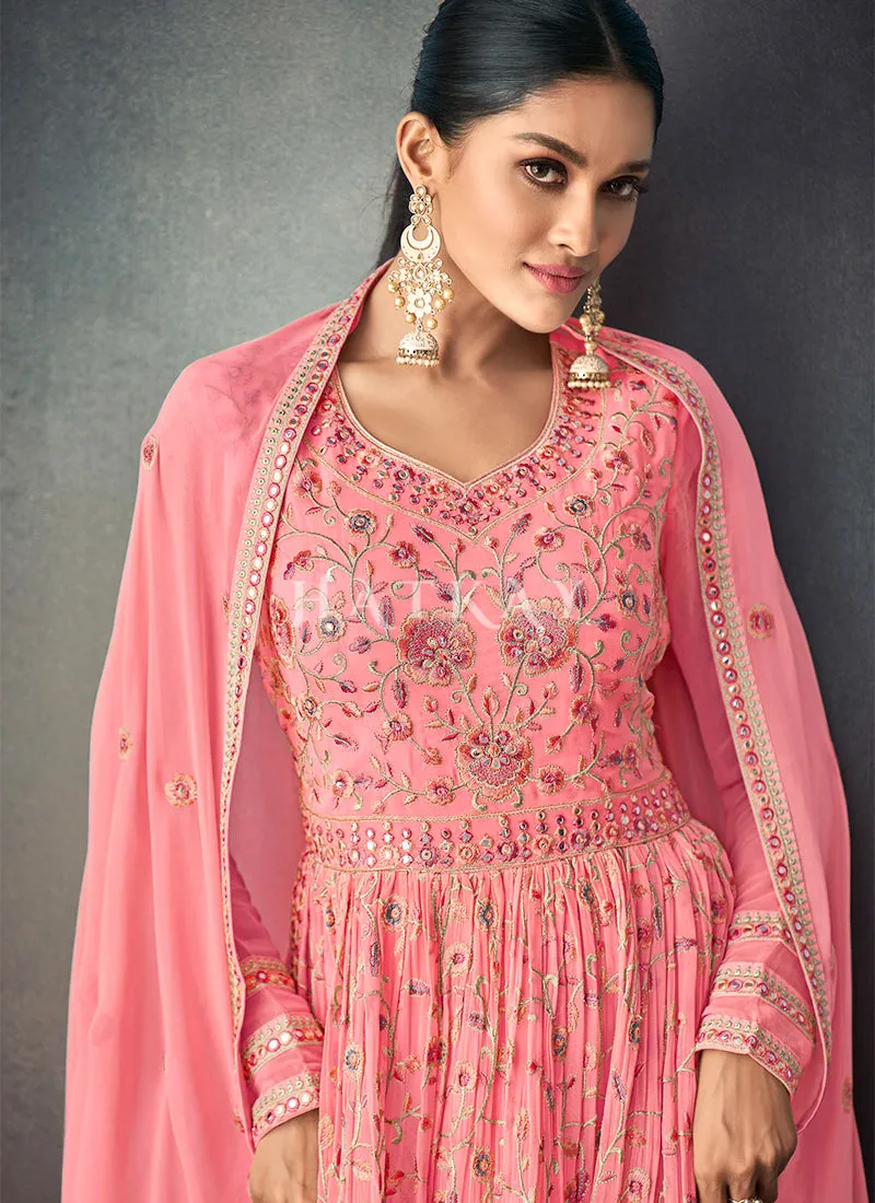 Rich Pink Peplum Style Anarkali Lehenga