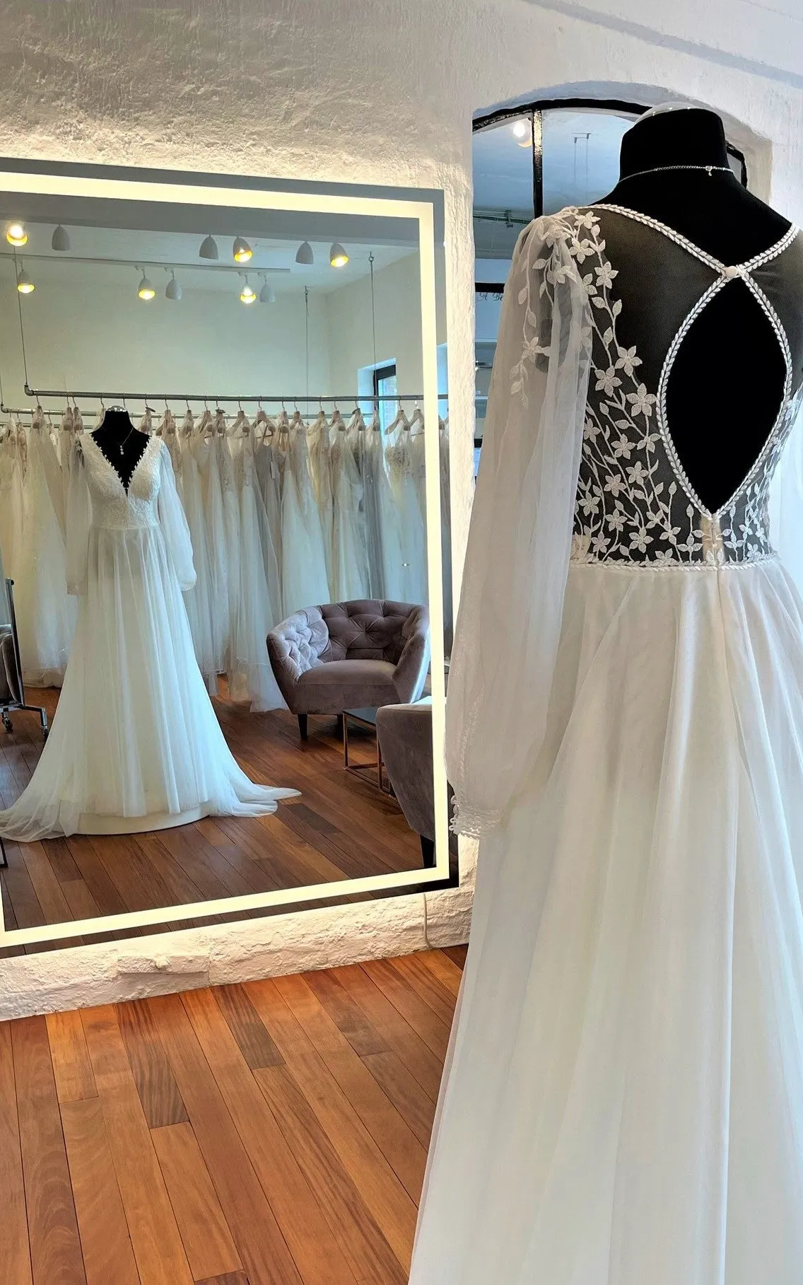 Romantic A-Line Tulle Wedding Dress With Illusion Long Sleeves And Keyhole Back-716435