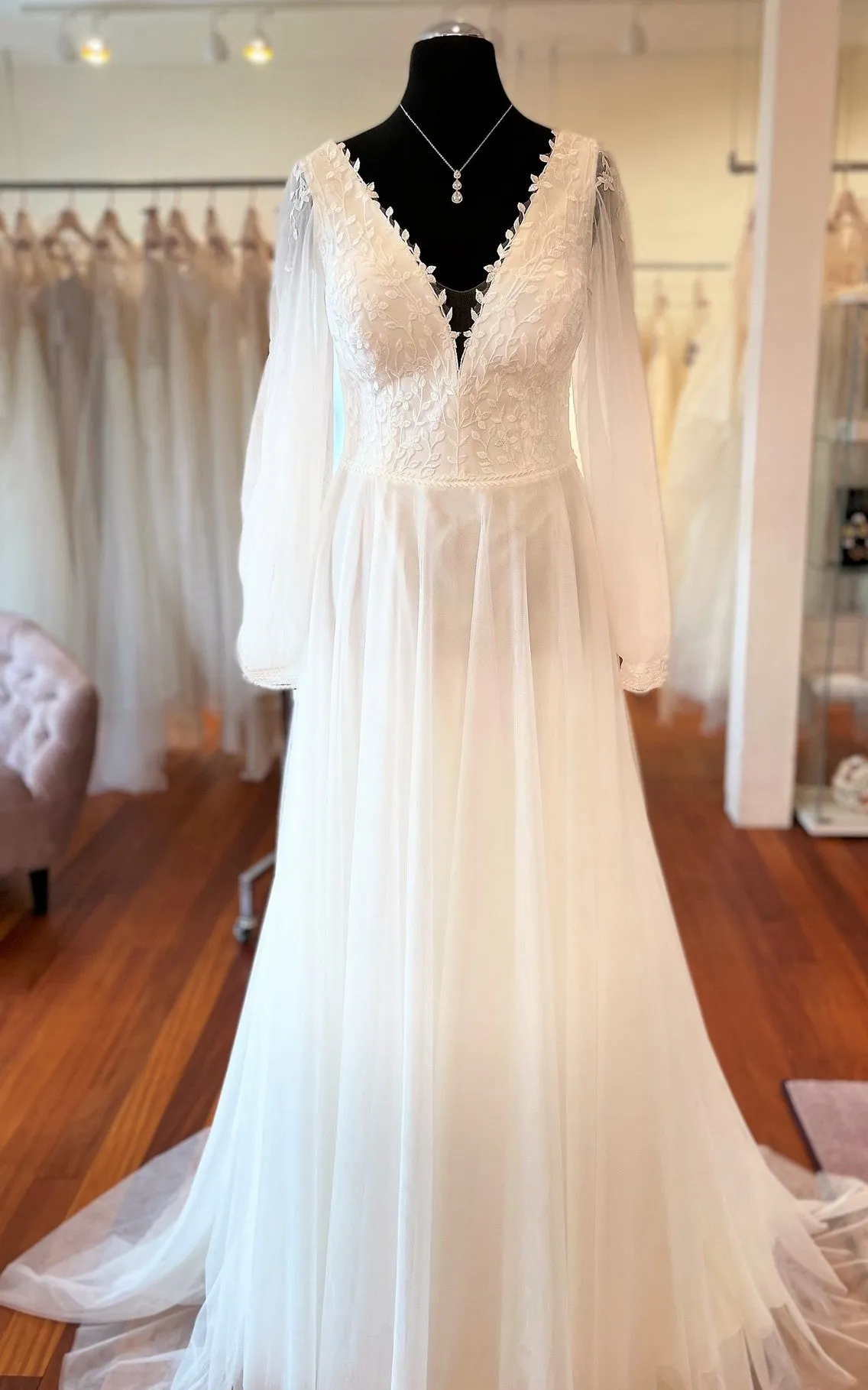 Romantic A-Line Tulle Wedding Dress With Illusion Long Sleeves And Keyhole Back-716435