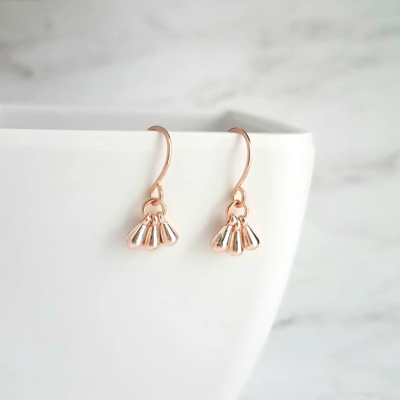 Rose Gold Drop Earrings - dainty little dangle teardrop minimalist trio of small polished charms - 14K gold fill upgrade hook option