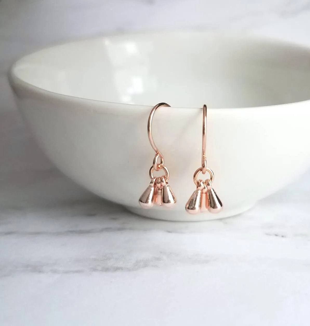 Rose Gold Drop Earrings - dainty little dangle teardrop minimalist trio of small polished charms - 14K gold fill upgrade hook option