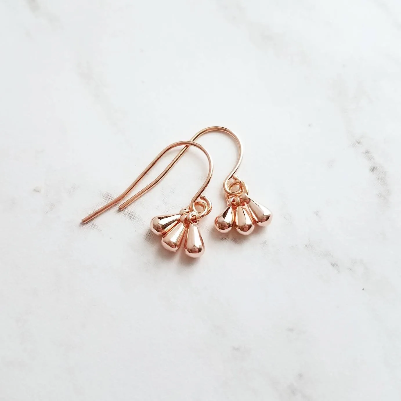 Rose Gold Drop Earrings - dainty little dangle teardrop minimalist trio of small polished charms - 14K gold fill upgrade hook option