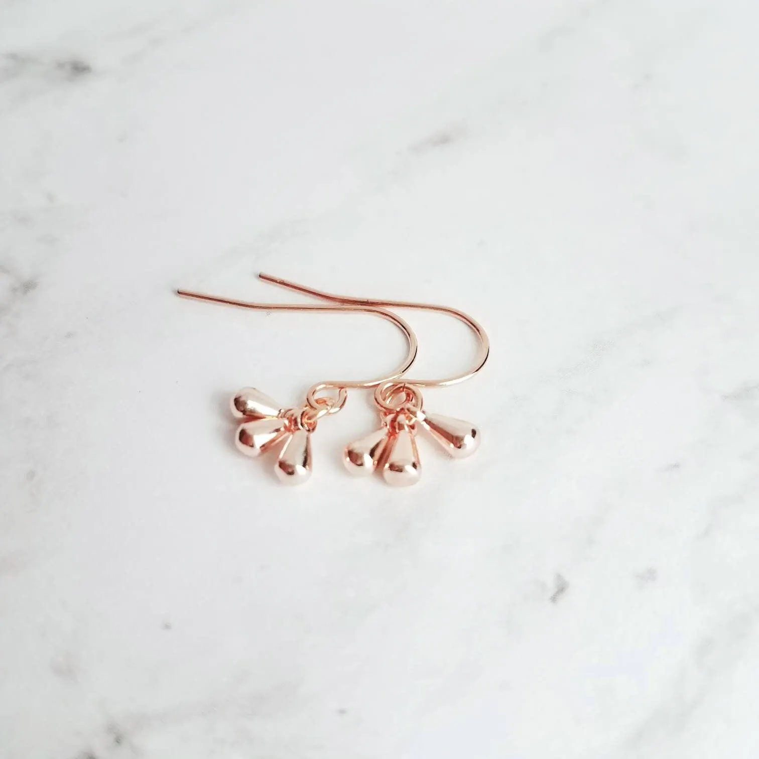Rose Gold Drop Earrings - dainty little dangle teardrop minimalist trio of small polished charms - 14K gold fill upgrade hook option