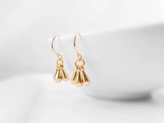 Rose Gold Drop Earrings - dainty little dangle teardrop minimalist trio of small polished charms - 14K gold fill upgrade hook option
