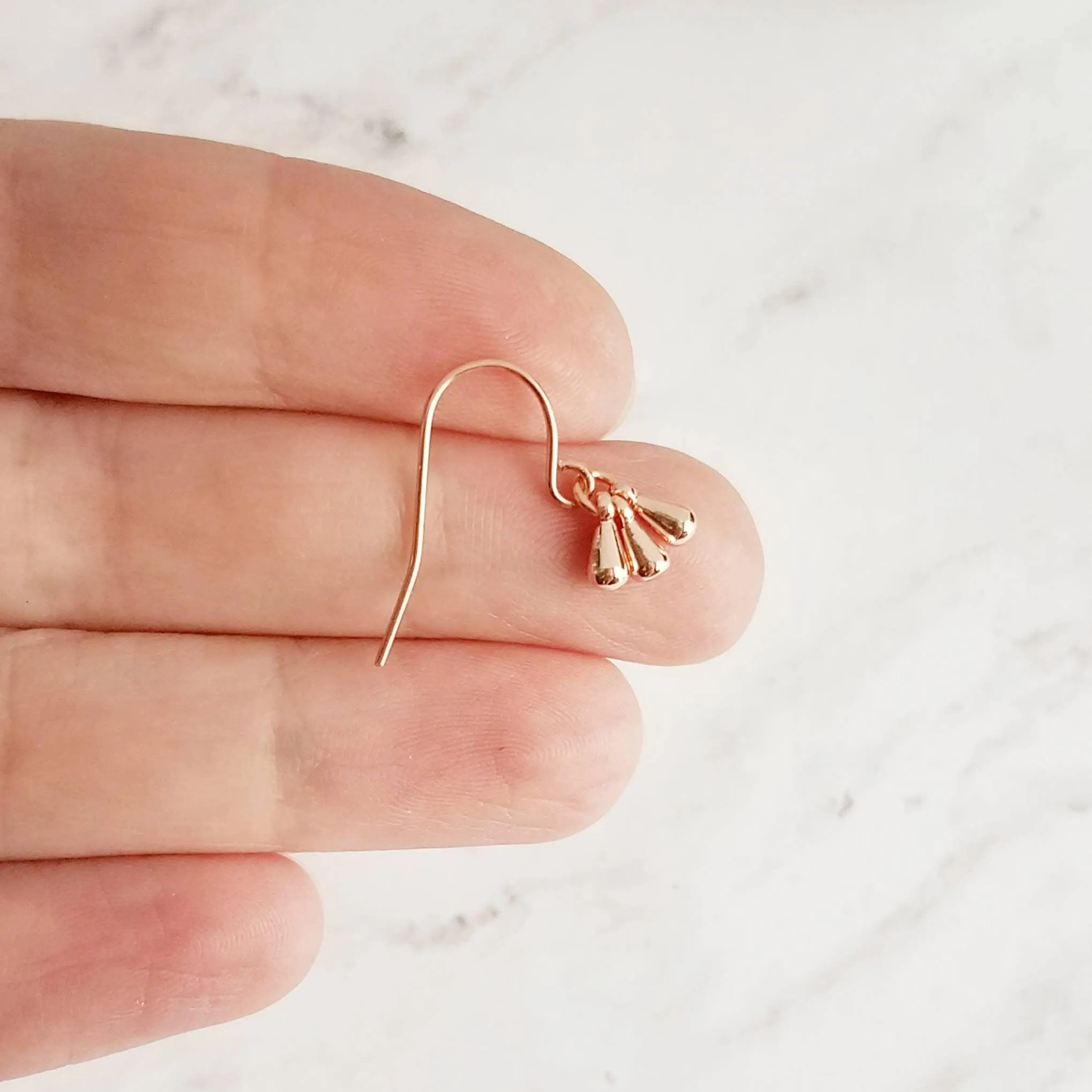 Rose Gold Drop Earrings - dainty little dangle teardrop minimalist trio of small polished charms - 14K gold fill upgrade hook option