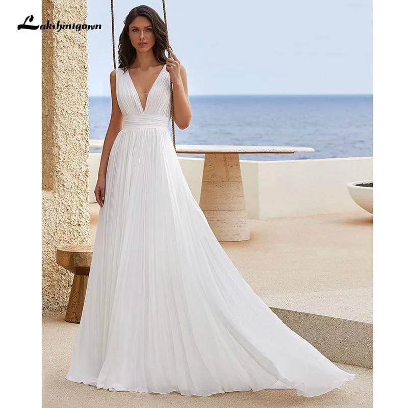 Roycebridal Simple Chiffon Wedding Dress With Pleats V-Neck Simple