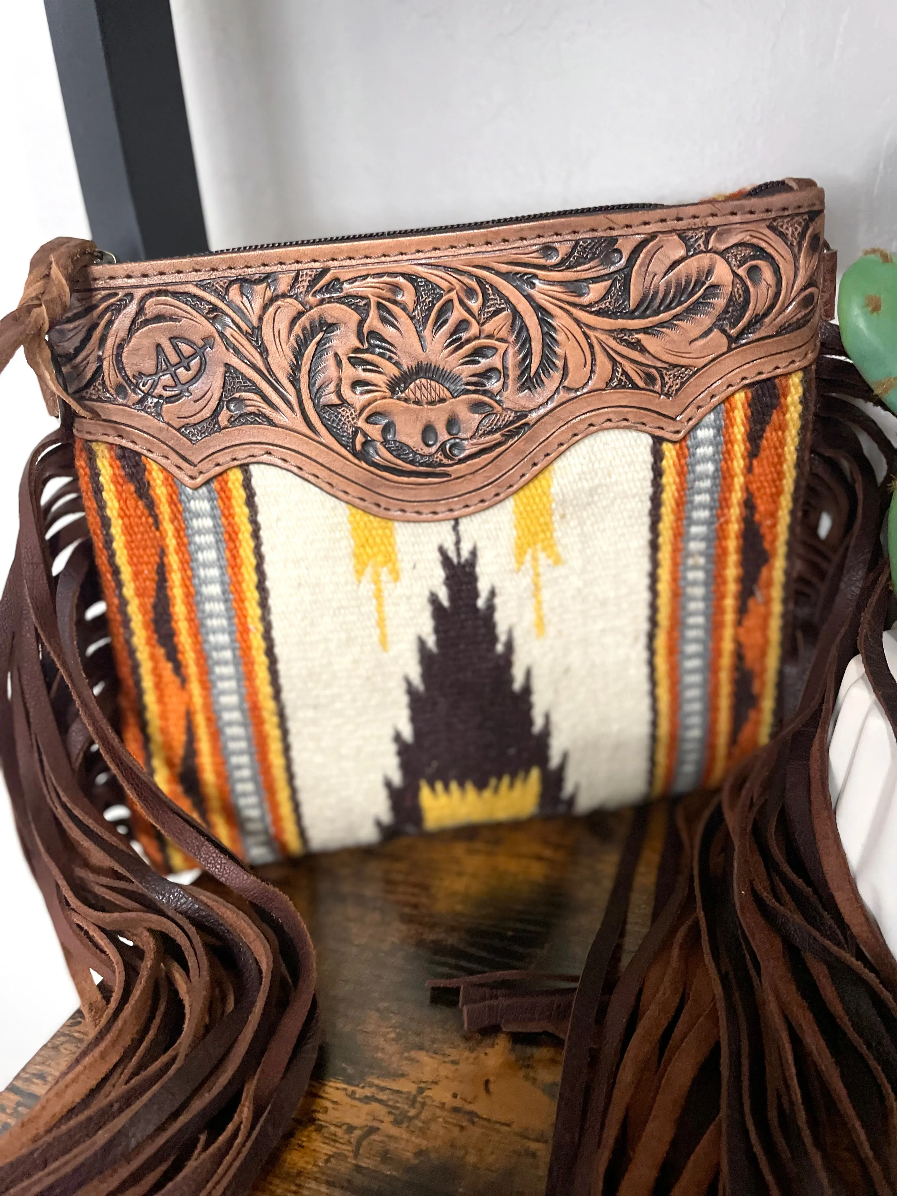 Rust Neutral Wool & Leather Fringe Bag