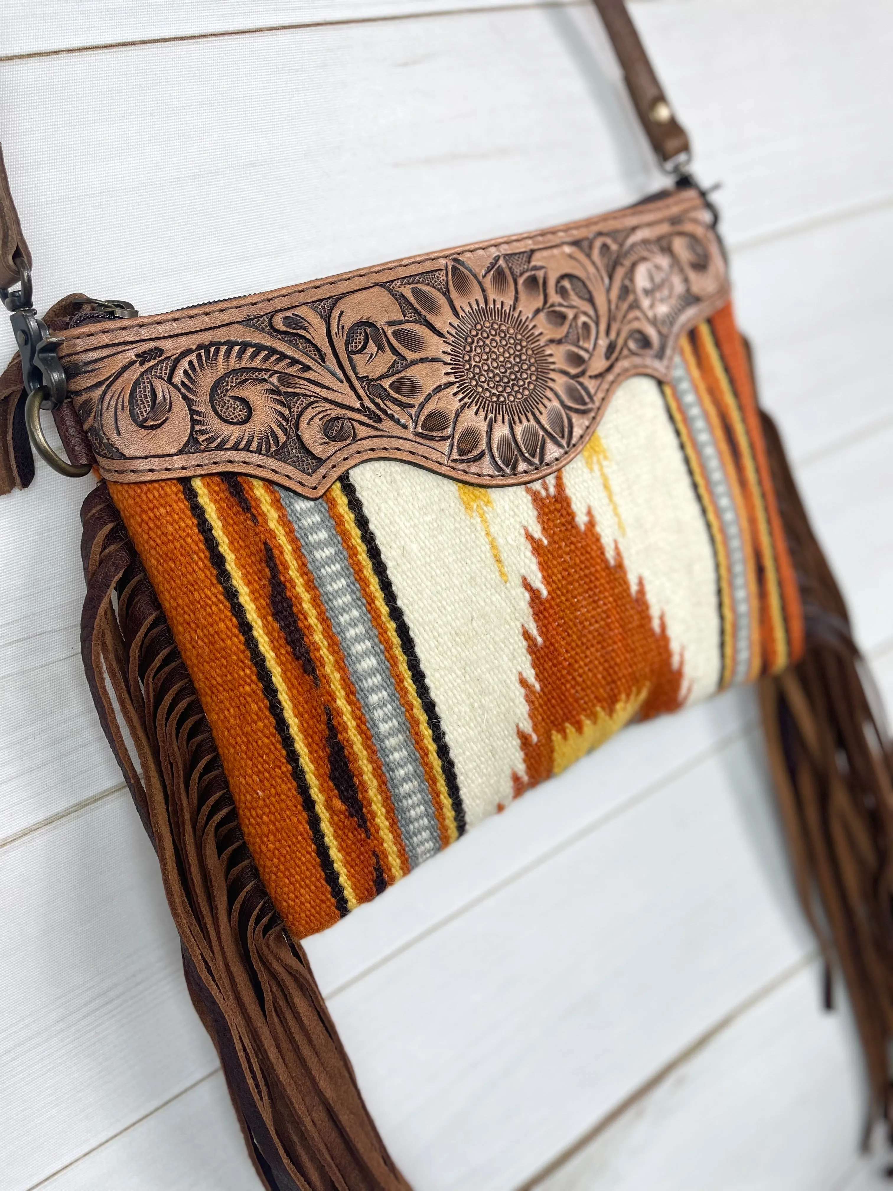 Rust Neutral Wool & Leather Fringe Bag