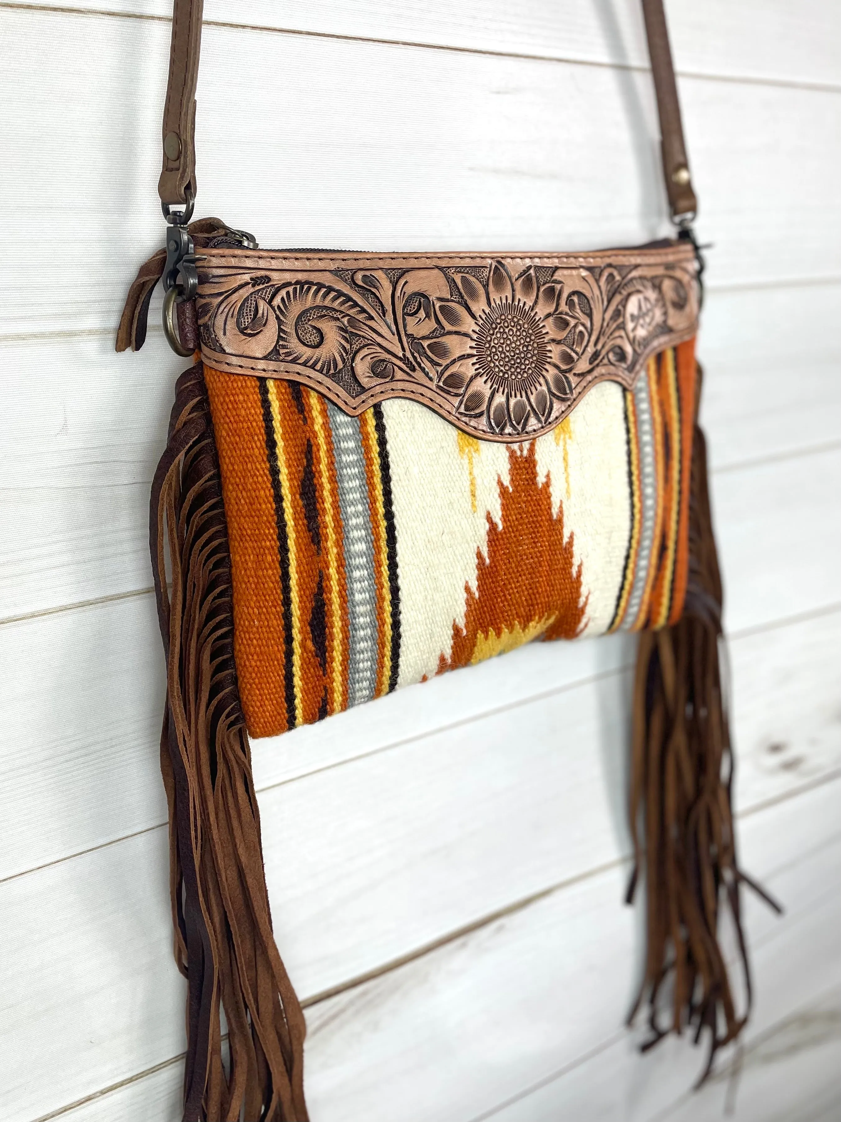 Rust Neutral Wool & Leather Fringe Bag