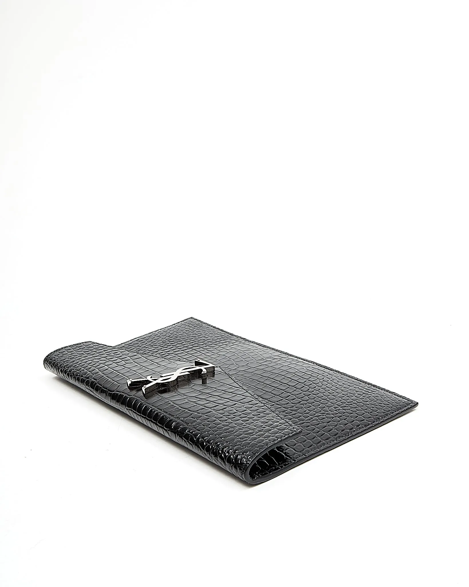 Saint Laurent Black Croc Embossed Envelope Clutch