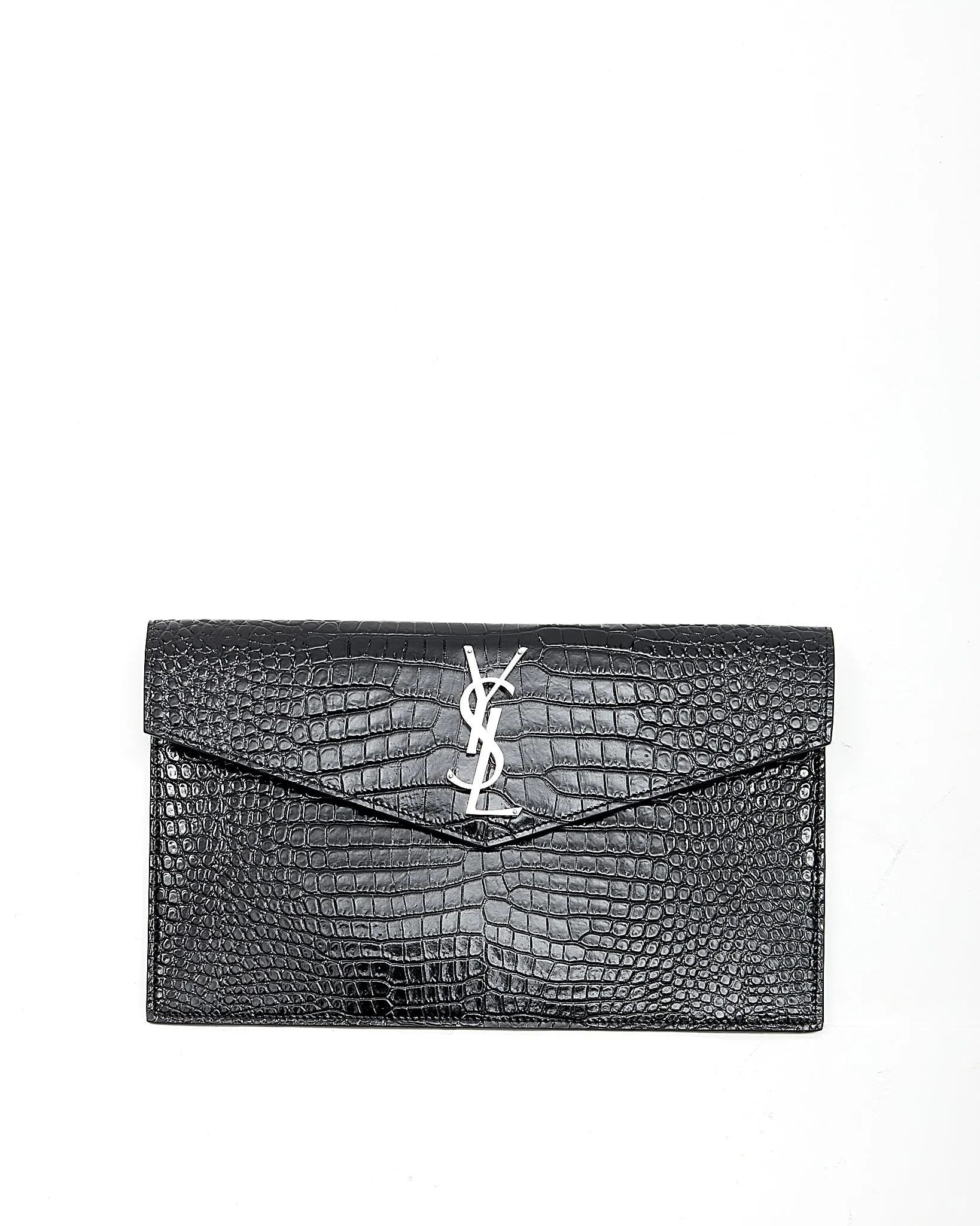 Saint Laurent Black Croc Embossed Envelope Clutch