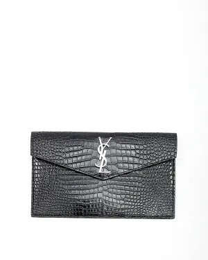 Saint Laurent Black Croc Embossed Envelope Clutch