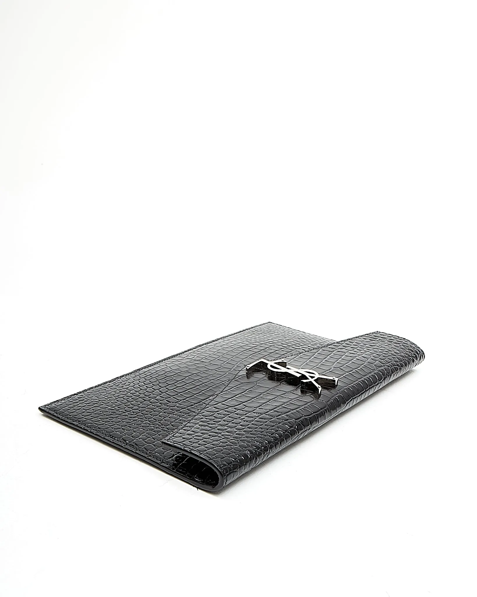 Saint Laurent Black Croc Embossed Envelope Clutch