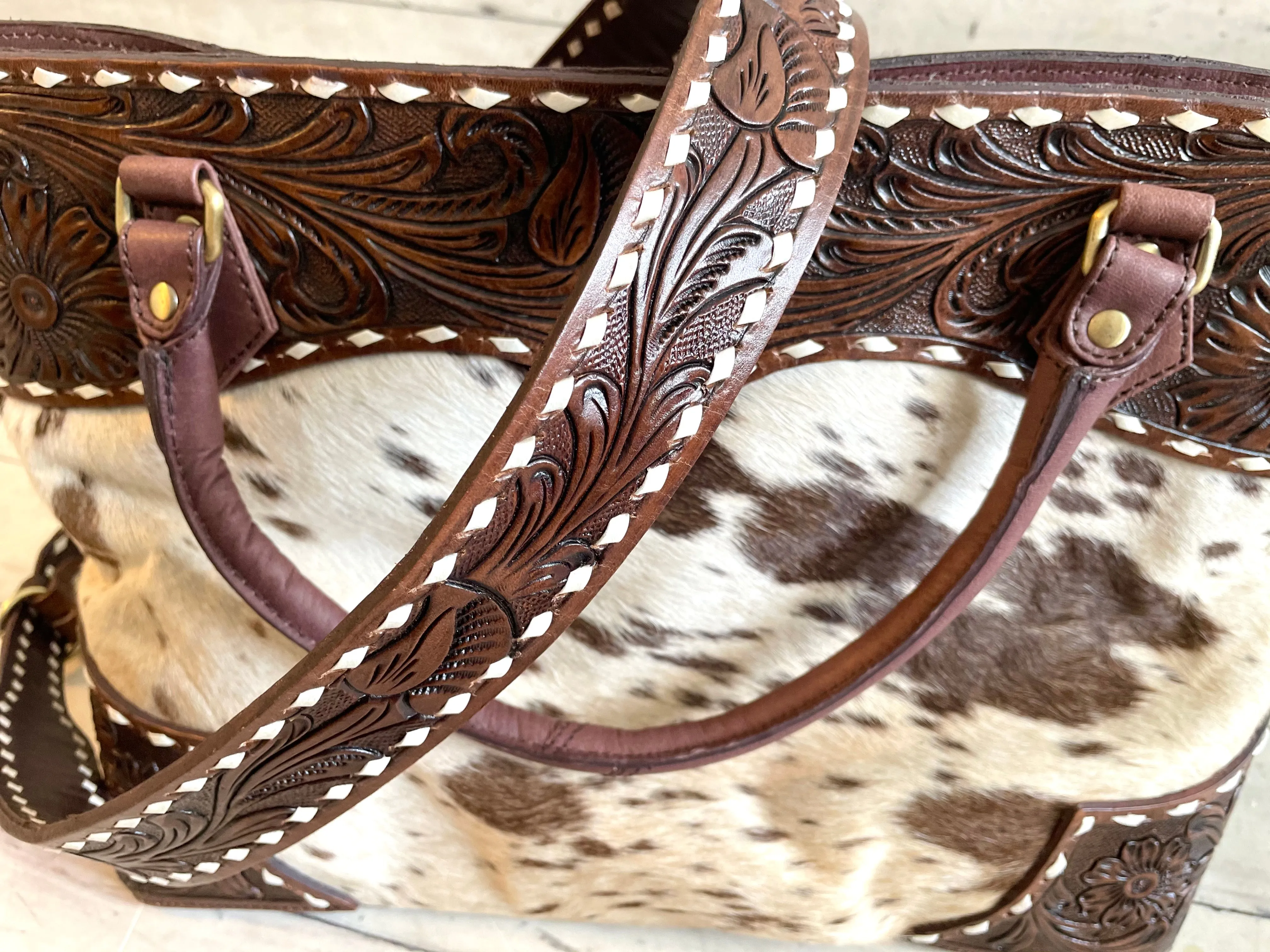 Scalloped Tooled Leather Buckstitch Cowhide Tote