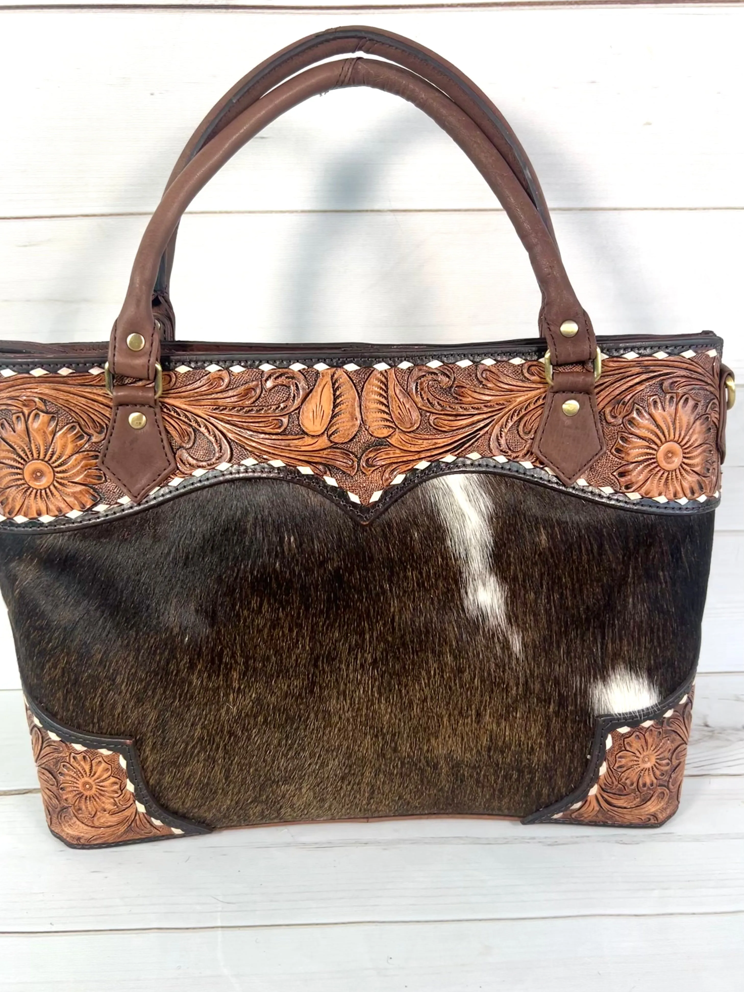 Scalloped Tooled Leather Buckstitch Cowhide Tote