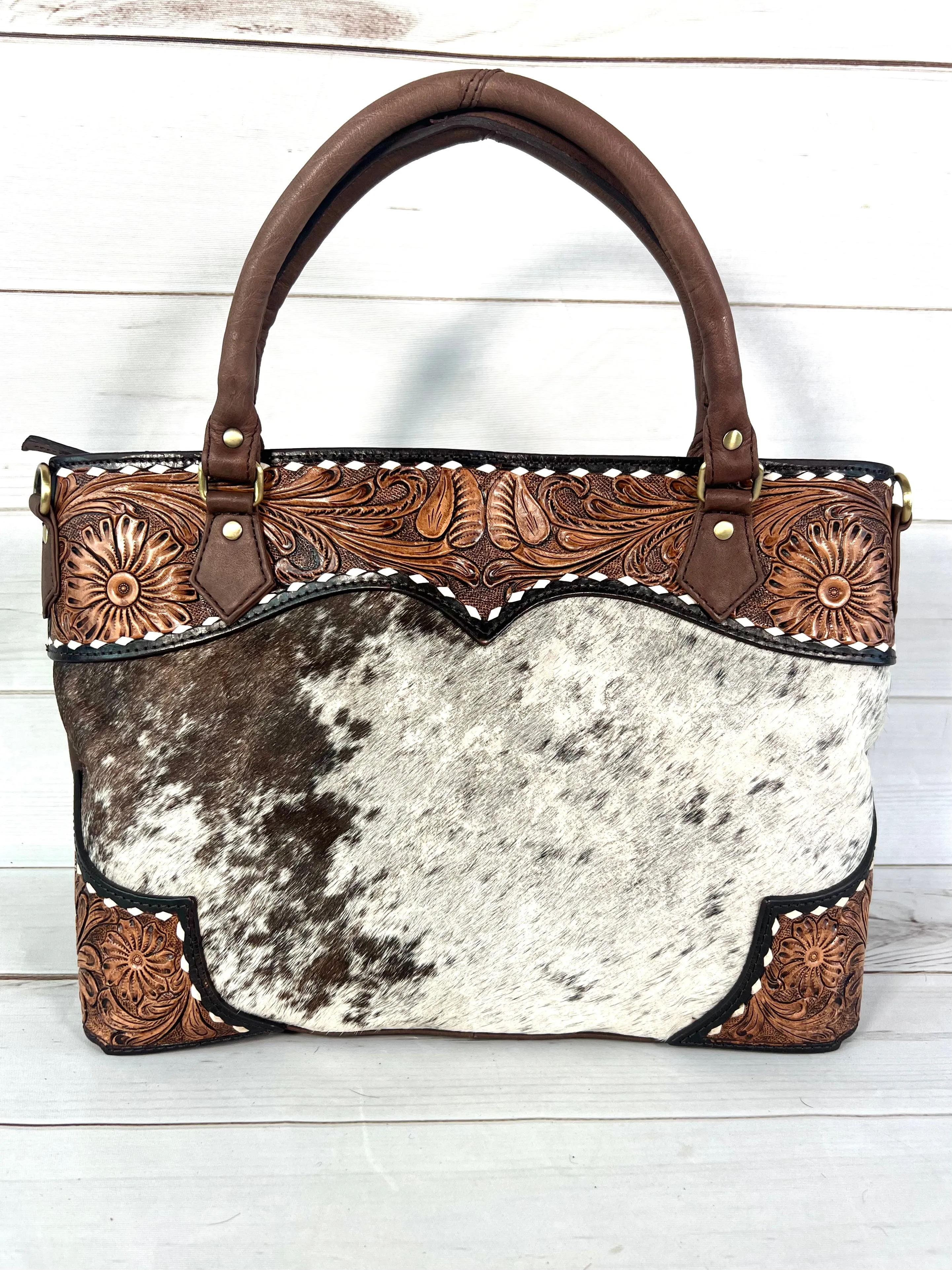 Scalloped Tooled Leather Buckstitch Cowhide Tote