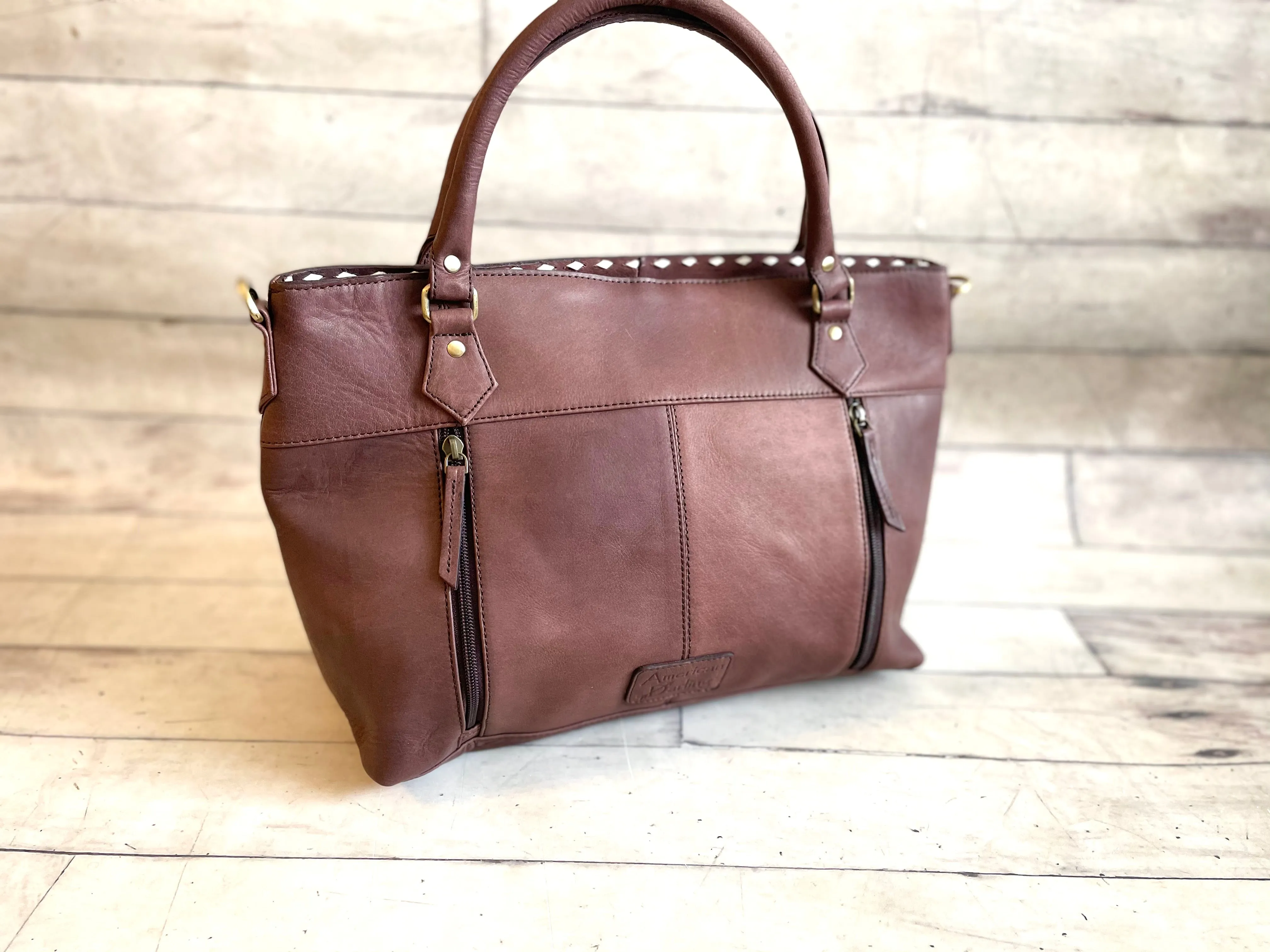 Scalloped Tooled Leather Buckstitch Cowhide Tote