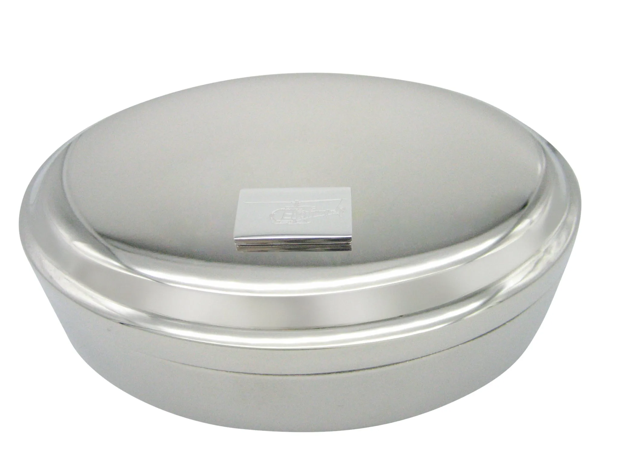 Silver Toned Etched Simple Helicopter Pendant Oval Trinket Jewelry Box