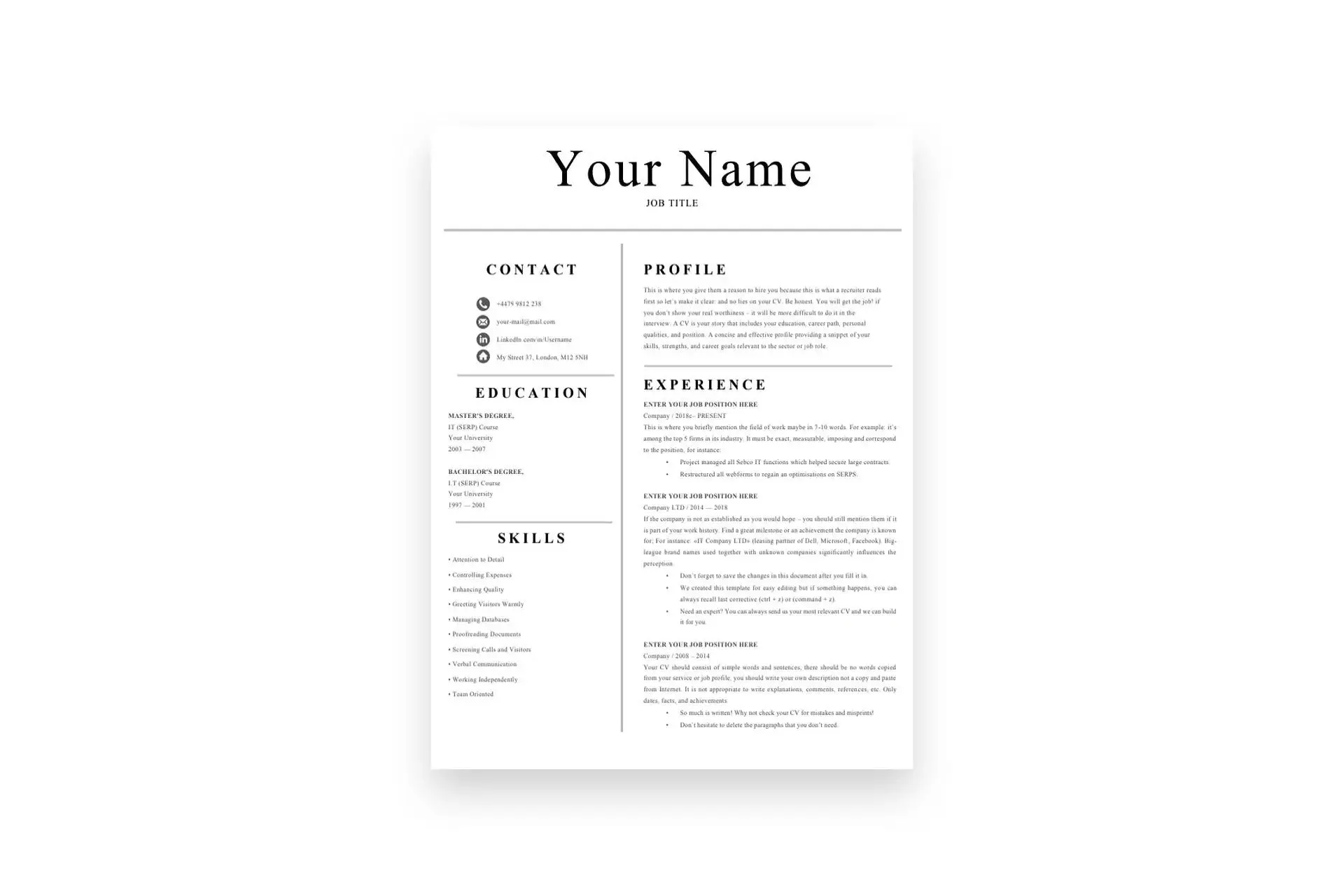 Simple 1-Page CV Template Modern Resume Design