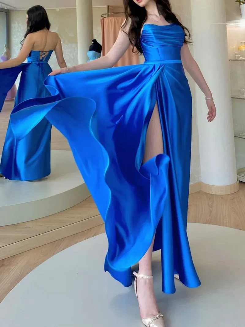 Simple Blue Satin Long Prom Dresses, Simple Blue Satin Long Formal Evening Dresses