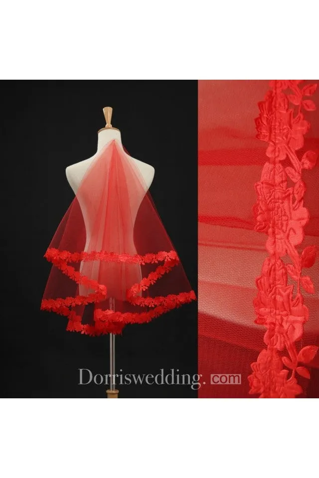 Simple Red Fingertip Tulle Wedding Veil with Lace Edge