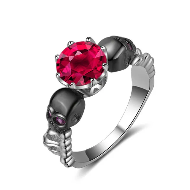 Skull Ring Black Gold Filled Rhodium Plated Red Zircon Wedding Ring