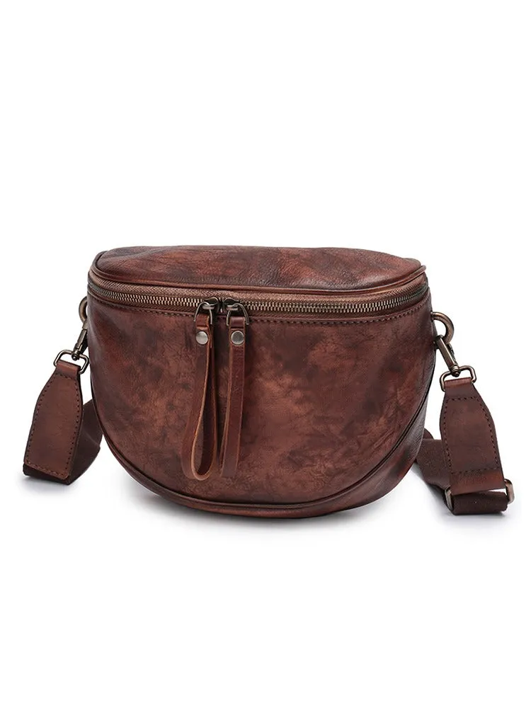 Small Coffee Leather Womens Saddle Shoulder Bag Small Fanny Pack Handmade Crossbody Purse for Ladies
