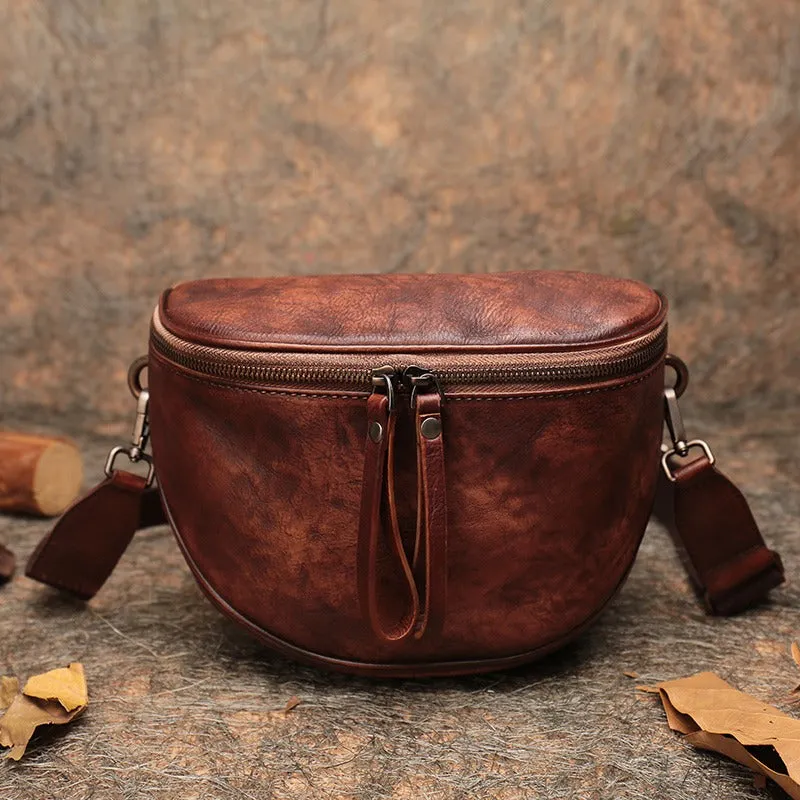 Small Coffee Leather Womens Saddle Shoulder Bag Small Fanny Pack Handmade Crossbody Purse for Ladies